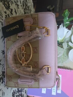 bebe Pink and Beige Logo Mini Satchel with Gold Accents